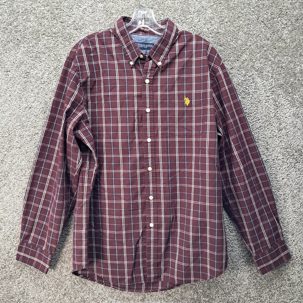US Polo Assn Mens Large Burgundy Plaid Long Sleeve Button‎ Down Shirt Maroon L